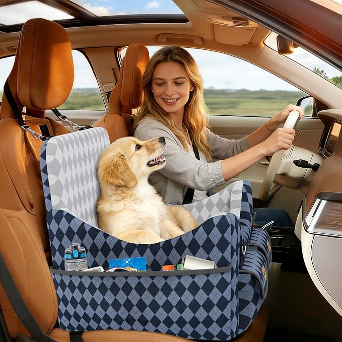Dog Car Seat for Small/Medium Dogs up to 35lbs, 4-Pocket Storage Memory Foam Dog Booster Seat, Detachable Washable Pet Car Seat with Safety Belt, Outdoor & Indoor Use (Blue/Grey)