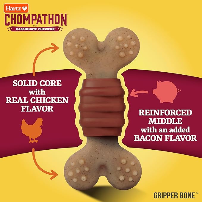 Hartz Chompathon Gripper Bone Dog Chew Toy for Aggressive Chewers, Double Layered Flavored with Chicken & Bacon