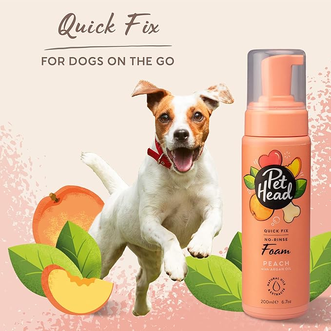 Pet Head Quick Fix Dog Grooming Foam | Peach Scent | No Rinse Dog Shampoo for Smelly Dogs | Nourishes and Deodorizes Pet Coat & Skin | Vegan | Gentle Formula for Puppies | Made in USA | 6.7 fl. oz.