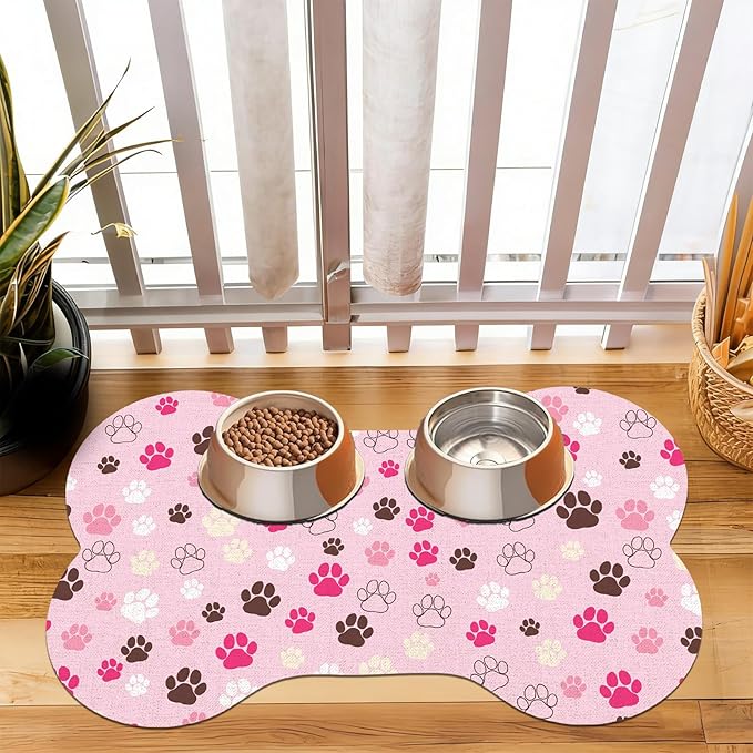 Pet Dog Cat Food Mat, Absorbent Bone Shaped Dog Bowl Mats for Food and Water, Non Slip Cute Dogs Cat Placemats Feeding Mat with Rubber for Floors Indoor Puppy Pet Accessories Supplies 16"x24" Pink
