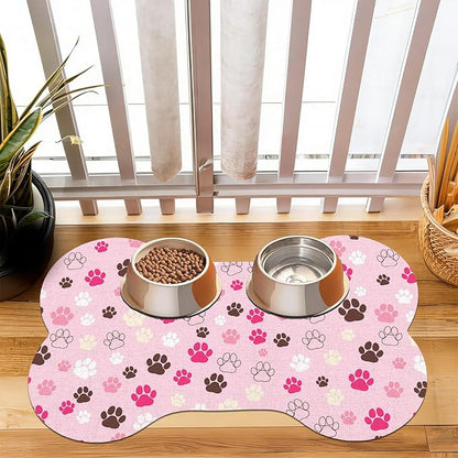 Pet Dog Cat Food Mat, Absorbent Bone Shaped Dog Bowl Mats for Food and Water, Non Slip Cute Dogs Cat Placemats Feeding Mat with Rubber for Floors Indoor Puppy Pet Accessories Supplies 16"x24" Pink