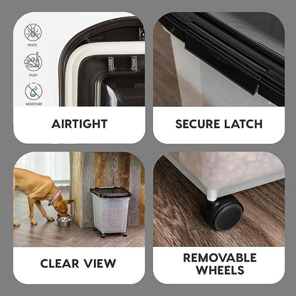 IRIS USA Airtight Dog Food Storage Container, WeatherPro, Up to 25 lbs, Removable Wheels, for Dog Cat Bird and Other Pet Food Storage Bin, Keep Fresh, Translucent Body, Made in USA, Clear/Black