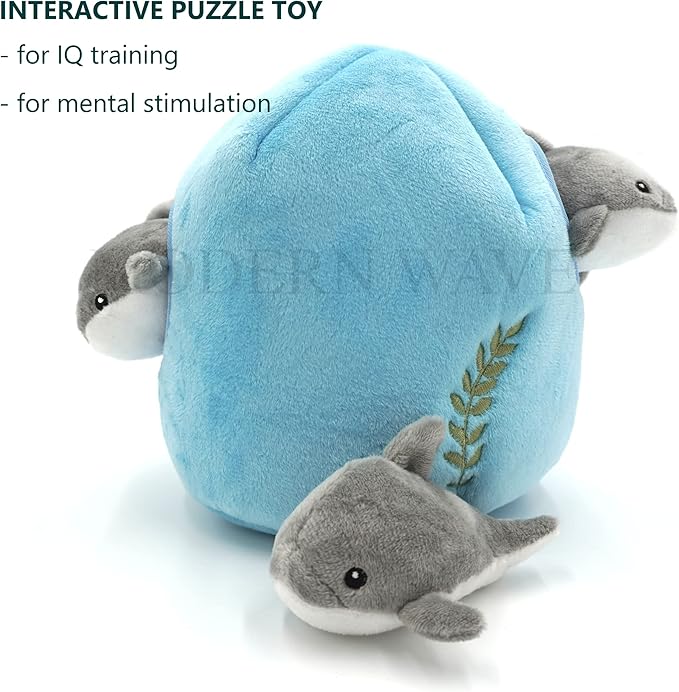 MODERN WAVE - Interactive Squeaky Plush Hide and Seek Squirrel Type Puzzle Toy for Dogs, Medium Size (Ocean and Dolphins)