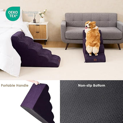 EHEYCIGA Curved Dog Stairs Ramp for High Beds 19.7" H, 4-Step Dog Steps for Small Dogs and Cats, Pet Stairs for High Bed Climbing, Non-Slip Balanced Pet Step Indoor, Purple
