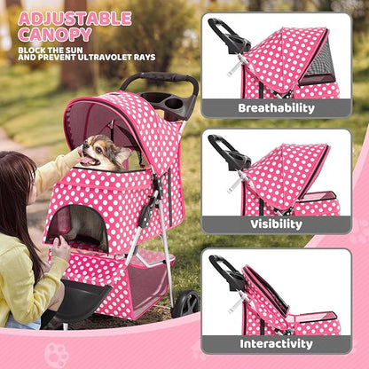 Magshion 3-Wheel Pet Stroller, Foldable Travel Jogger for Small & Medium Dogs & Cats (Up to 33lbs), Lightweight Carrier with Breathable Mesh Cover, Cup Holder & Storage Basket, Hot Pink Polka Dots