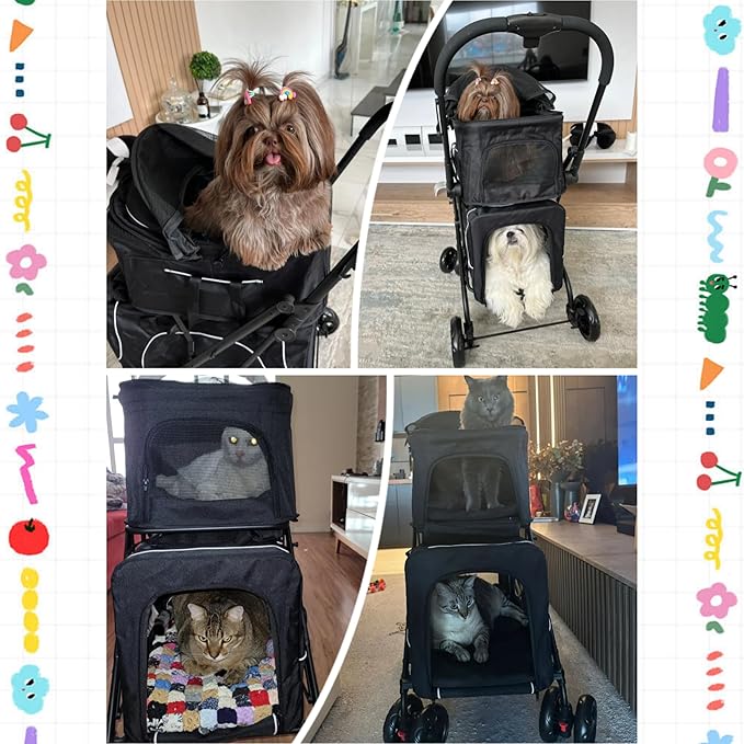 Double Dog Stroller with Cup Holder, Foldable 3-in-1 Cat Strollers with 2 Detachable Carriers, Safety Belt, Washable Cover, Removable Pads, 4 Wheels Travel Pet Stroller for Small Medium Dogs (Black)