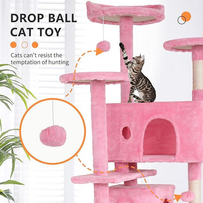 BestPet | 54" Cat Tree Tower | Pink | Sturdy, Easy to Assemble, Multi-Level Activity Center with Sisal Scratching Posts, Condos, Perches, Hanging Cat Toys, Observation Decks & Ladder
