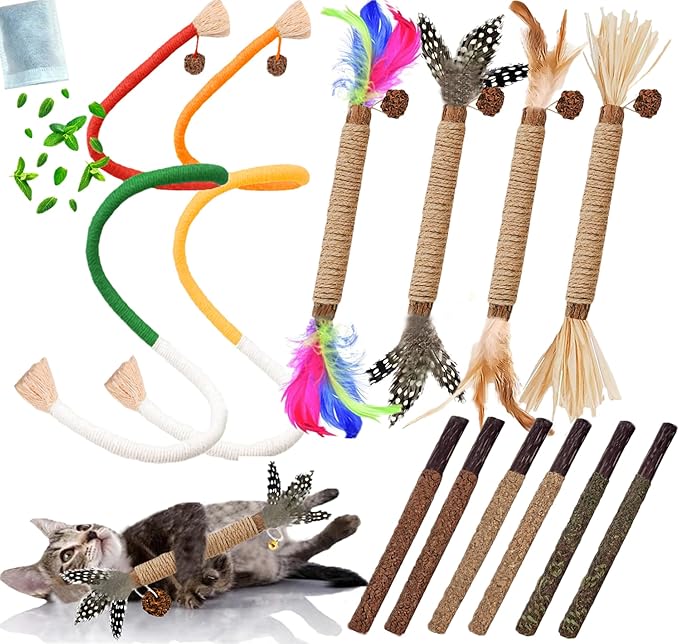 Cat Toys 12PCS Catnip Toy for Indoor Kitten Toys Cat Chew Stick for Dental Cleaning Teeth Cat Silvervine Matatabi Rope Treat Kitty Feather Snack for for Kick Molar Scratch Self Play