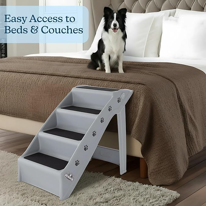 Dog Stairs - Pet Stairs with 4-Step Design for Beds, Couches, Cars - Pet Steps for Puppies, Kittens, and Small Pets by PETMAKER (Gray)
