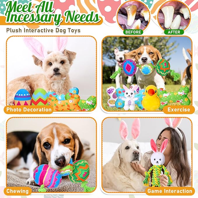10 Pcs Easter Dog Toys with Squeaker, Includes 4 Plush Bone 2 Rope Toys for Dogs 2 Easter Egg 1 Plush Bunny & Chick for Puppy/Small/Medium/Large Breeds Holiday Pet Gift