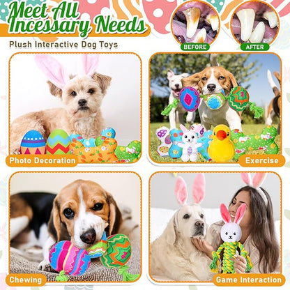 10 Pcs Easter Dog Toys with Squeaker, Includes 4 Plush Bone 2 Rope Toys for Dogs 2 Easter Egg 1 Plush Bunny & Chick for Puppy/Small/Medium/Large Breeds Holiday Pet Gift
