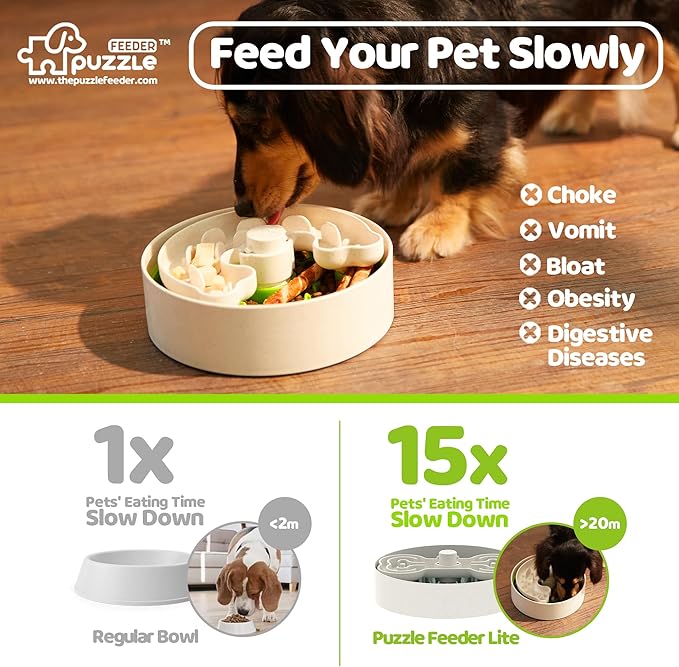 Puzzle Feeder Slow Feeder Dog Bowl for Puppies with Non-Slip Base - Adjustable Speed Design, Removable Puzzle Inserts & Dishwasher Safe, Green