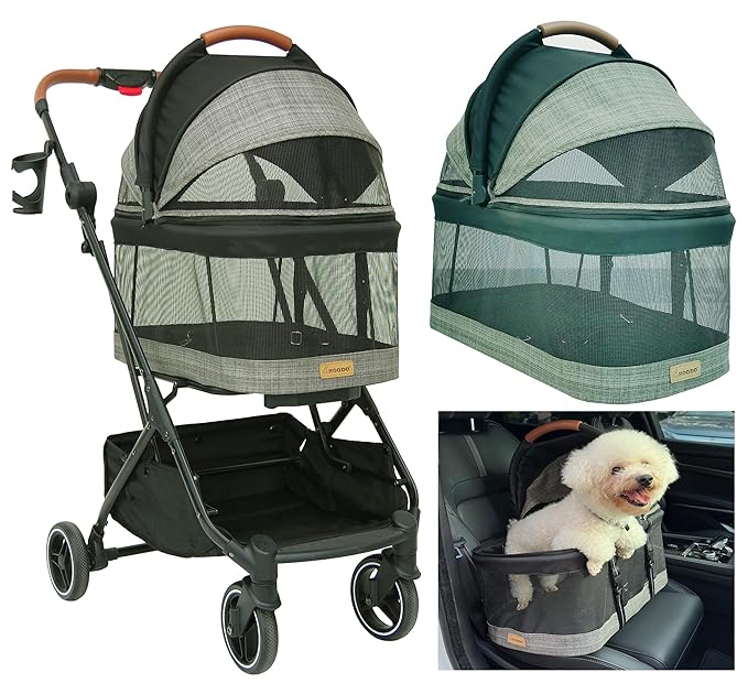 ROODO 2026 Upgraded Version 3-in-1 Dog Cat Stroller with Detachable Carrier Folding Lightweight Portable Travel Pet Gear All-Terrain Puppy Doggie Kitty Bunny Stroller for 35 lbs(Grey Lattice)