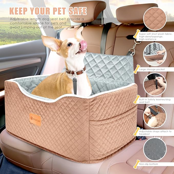 AlfaTok Memory Foam Booster Dog Car Seat Medium Dogs, Elevated Pet Car Seat Under 45 LBS, Detachable Washable, Anti-Slip Dog Booster Seat for Car Back Seat Only, Travel Dog Car Bed, Dog Seat Belt