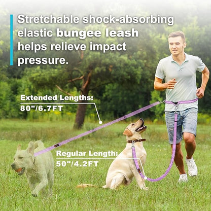 Hands Free Dog Leash, Adjustable Waist Leash for Dog, Handle Bungee 4.2-6.7 Feet Long with Reflective Stitches for Walking Hiking Running, Fits 26"- 43" Waist, Light Purple