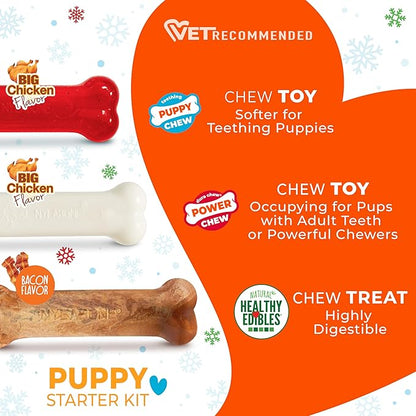 Nylabone Puppy Starter Kit, 2 Teething Toys and 1 Natural Treat for Puppies, Chicken & Bacon Flavor, Small - Up to 25 lbs, 3 Pack