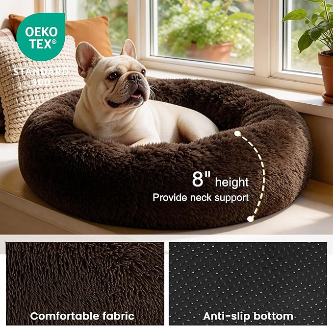Love's cabin 20in Cat Beds for Indoor Cats - Cat Bed with Machine Washable, Waterproof Bottom - Dark Brown Fluffy Dog Pet Calming Cushion Bed for Joint-Relief and Sleep Improvement