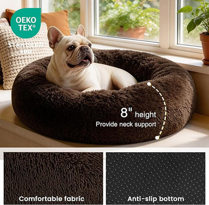 Love's cabin 20in Cat Beds for Indoor Cats - Cat Bed with Machine Washable, Waterproof Bottom - Dark Brown Fluffy Dog Pet Calming Cushion Bed for Joint-Relief and Sleep Improvement
