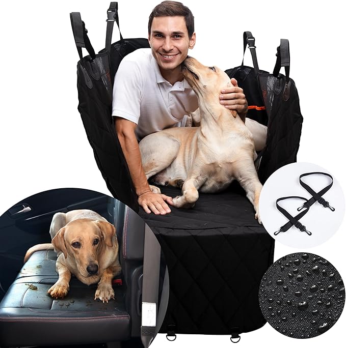 ASHLEY MADDEN Dog Car Seat Cover for Back Seat | 100% Waterproof Dog Car Hammock | Heavy Duty Nonslip Pet Seat Cover with Mesh Window & Storage | SUV | Truck | Flexible Bottom