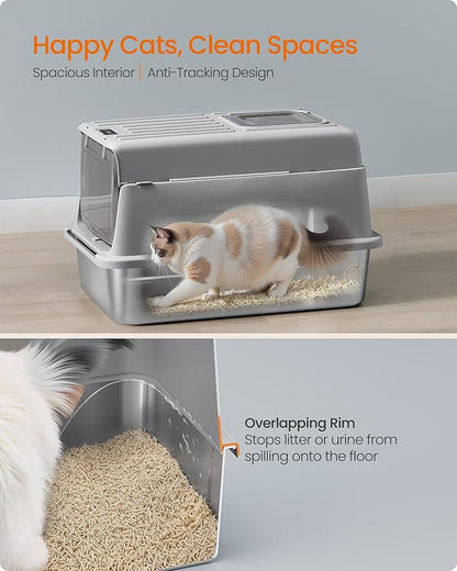 Feandrea Stainless Steel Cat Litter Box with Flip Lid, Litter Catcher Mat and Box, 2 Doors, Scoop, for Cats up to 33 lb, Dove Gray UPPT007GN01