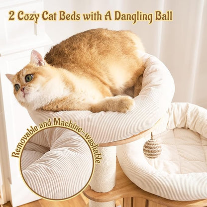Modern Solid Wood Cat Tree for Indoor Cats Large Adult, 50in Tall Cat Tower with Sisal Scratching Posts, Cat Scratcher Cardboard, Cozy Cat Beds Cave Condo, Multi-Level Cat Furniture
