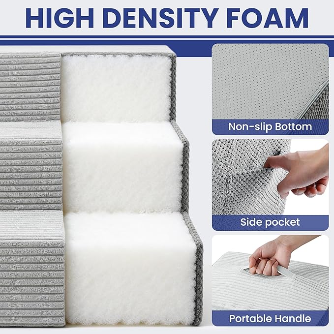 Dog Stairs for Small Dogs, 3-Step Dog Ramp for Bed 13.7" H, Dogs Steps for Bed, Couch, Pet Stairs with Non-Slip Bottom Design,High Density Foam Portable Pet Steps, Light Grey