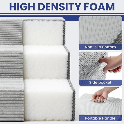 Dog Stairs for Small Dogs, 3-Step Dog Ramp for Bed 13.7" H, Dogs Steps for Bed, Couch, Pet Stairs with Non-Slip Bottom Design,High Density Foam Portable Pet Steps, Light Grey