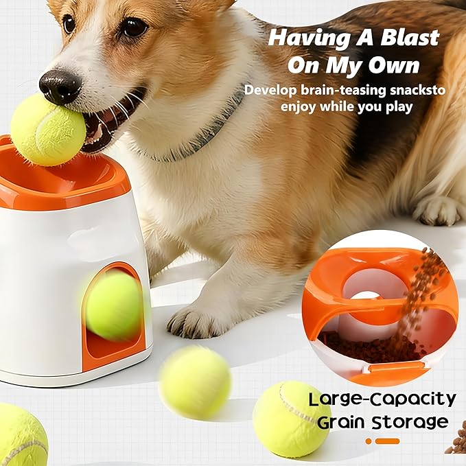 2-in-1 Dog Tennis Ball Launcher & Treat Dispenser, Interactive Spring-Loaded Fetch Toy with Snack Storage, Mental Stimulation & Exercise Toy for Small to Medium Dogs (Durable Tennis Ball Included) ﻿