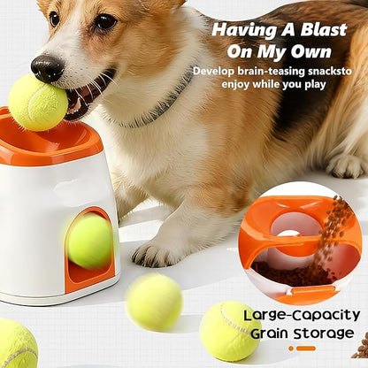 2-in-1 Dog Tennis Ball Launcher & Treat Dispenser, Interactive Spring-Loaded Fetch Toy with Snack Storage, Mental Stimulation & Exercise Toy for Small to Medium Dogs (Durable Tennis Ball Included) ﻿