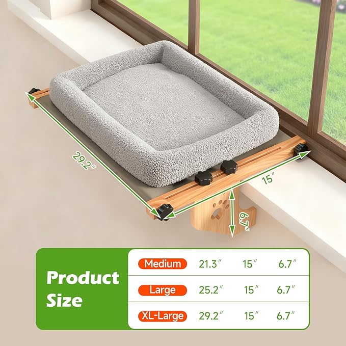 Cat Sill Window Perch Sturdy Hammock Window Seat with Cushion Bed Cover, Wood & Metal Frame for Large Cats, Easy to Adjust Cat Bed for Windowsill, Bedside, Drawer and Cabinet (M)