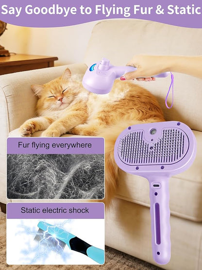 Dog Cat Steam Brush With UV Light, 3 in 1 Release Button Self-Cleaning Grooming Brush for Pets Cats Dogs, Hair Massaging Shedding for Small Animals Long Short Haired - Purple