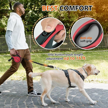 Upgraded Retractable Dog Leash with Chew Proof Extender, Pet Walking Leashes with Poop Bag Holder, 16Ft Heavy Duty Retractable Pet Leash for Medium Large Dogs up to 110lbs, Anti-Slip Grip