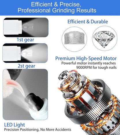 Electric Dog Nail Grinder with 2 Level LED Lights, 2 Speed Super Quiet and Low Vibration Rechargeable Pet Nail Grinder for Small Dogs and Cats - White