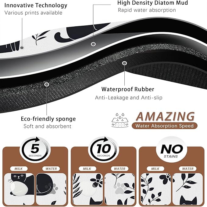 Cute Black Flower Dog Cat Food Mat,Absorbent Pet Feeding Mat with Rubber Backing,Non-Slip Water Bowl Placemat,Indoor Pet Accessories Supplies 12"x20"