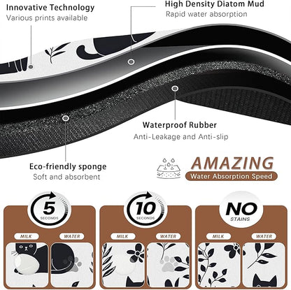 Cute Black Flower Dog Cat Food Mat,Absorbent Pet Feeding Mat with Rubber Backing,Non-Slip Water Bowl Placemat,Indoor Pet Accessories Supplies 12"x20"
