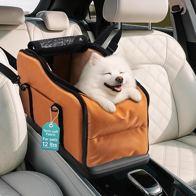 Center Console Dog Car Seat - Suitable for Small Dogs and Puppies Up to 12 lbs,Portable Armrest Booster with Safety Belt, Easy-Clean Technical Cloth,Safety Leash,Storage Bag,Multi-Function Pet Carrier