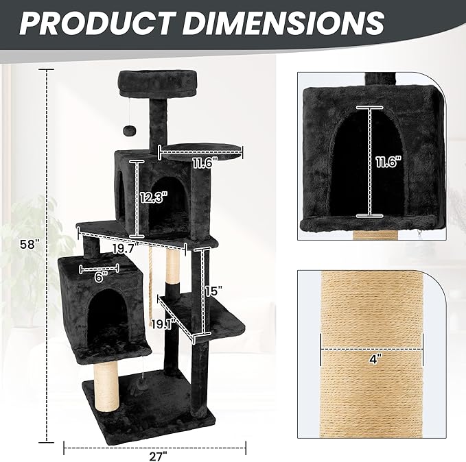 58in Large Cat Tree Tower for Indoor Cats with Soft Plush Hang Ball, Two Condos, Sisal Scratch Posts & Rope Play for Kittens/Adult Cats, Dark Grey