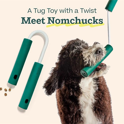 WOOF Nomchucks - Dual Puzzle Feeder Enrichment Dog Toy and Tug Toy with 3 Interactive Zones - Designed with Long-Lasting Nylon Rope and Natural Rubber - Pairs Puzzle Treats