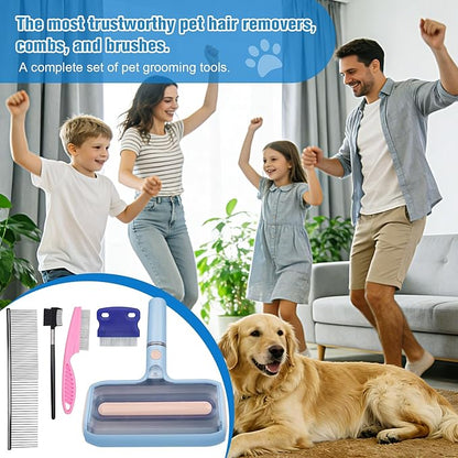 Pet Hair Remover Set with Spray & Self-Storage – Reusable Double-Sided Roller, 4-Piece Grooming Brushes & Combs for Dogs, Cats, Furniture & Clothing