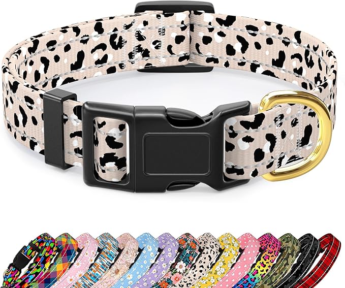 Reflective Dog Collar for Medium Dogs, Cute Leopard Style Adjustable Heavy-Duty Nylon Puppy Collar for Boy and Girl Female, Soft Pet Accessories with Quick Release Buckle, Beige