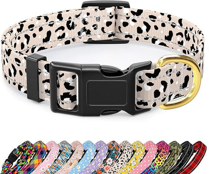 Reflective Dog Collar for Extra Small Dogs, Cute Leopard Style Adjustable Heavy-Duty Nylon Puppy Collar for Boy and Girl Female, Soft Pet Accessories with Quick Release Buckle, Beige