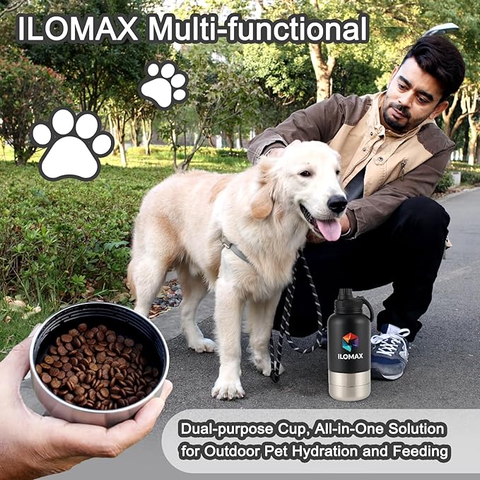 ILOMAX 3-in-1 Insulated Dog Travel Water Bottle, Stainless Steel, with Food & Water Bowls + Extra Magnetic Lid, Leak-Proof, Keeps Drinks Cold 12H/Hot 6H, Portable Hydration, 32oz (Black)