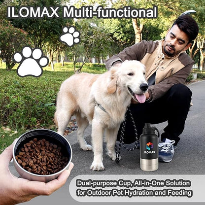 ILOMAX 3-in-1 Insulated Dog Travel Water Bottle, Stainless Steel, with Food & Water Bowls + Extra Magnetic Lid, Leak-Proof, Keeps Drinks Cold 12H/Hot 6H, Portable Hydration, 32oz (Black)