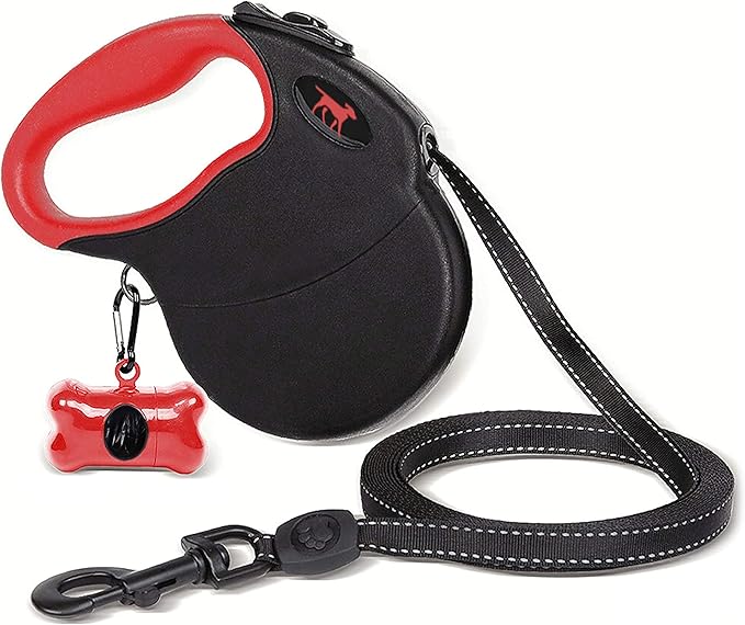 Tuff Pupper Heavy Duty Retractable Dog Leash | 16 ft Dog Leash with Reflective Stitching for Nighttime Safety | One Button Lock and Release | Comfortable Hand Grip | for Dogs Up to 44 lbs Black/Red
