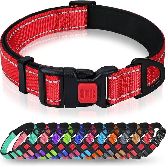 Taglory Reflective Dog Collar with Safety Locking Buckle, Soft Neoprene Padded Dog Collar for Large Dogs, Metal D-Ring, Adjustable Nylon Neck Strap for Daily Walking, Training & Running, Red, L