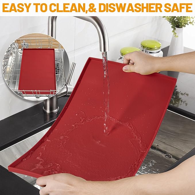 Hubulk Dog Feeding Mat,100% Waterproof BPA Free Silicone Pet Food and Water Bowl Placemat,Dishwasher, High Raised Edge to Prevent Spills,Nonslip Tray to Stop Messes on Floor (19"x12"x0.5", Red)