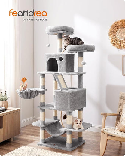 Feandrea Cat Tree, 66.1-Inch Large Cat Tower, Multi-Level Plush Condo with 13 Scratching Posts, 2 Perches, 2 Caves, Basket, Hammock, Pompoms, Light Gray UPCT165W01