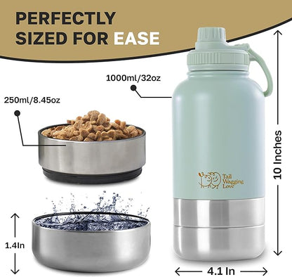 32oz 3-in-1 Portable Travel Water Bottle, Food & Hydration Bottle - Dual Use for Humans & Pets with Detachable Bowls, Stainless Steel, Keeps Water Hot for 6hrs & Cold for 12hrs