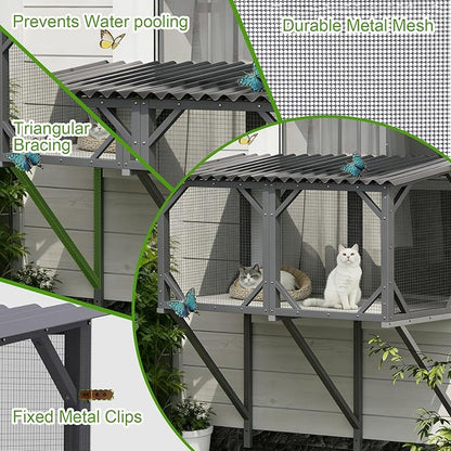 Cat Window Box Catio Outdoor Pet Patio with Bug Proof Net for Sunbathing, Napping＆Bird Watching Cat Outside Enclosure no Drill Window Perch for Indoor Cats for Apartments, Grey/White (Grey)