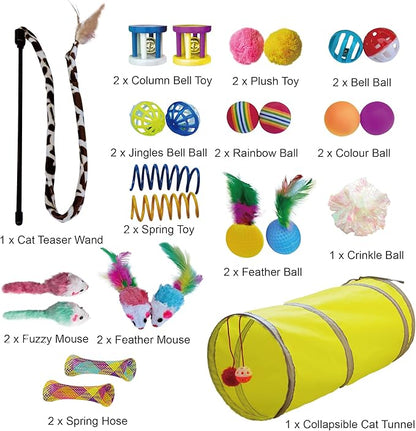 PetLike 25pcs Interactive Cat Toys Set Collapsible Cat Tunnel Interactive Feather Teaser Wand,Spring Toys & Balls for Indoor Cats (Green, 25x55cm)